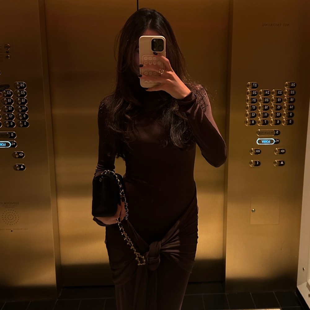 HELSA Long Sleeve Slinky Sarong Brown Maxi Dress